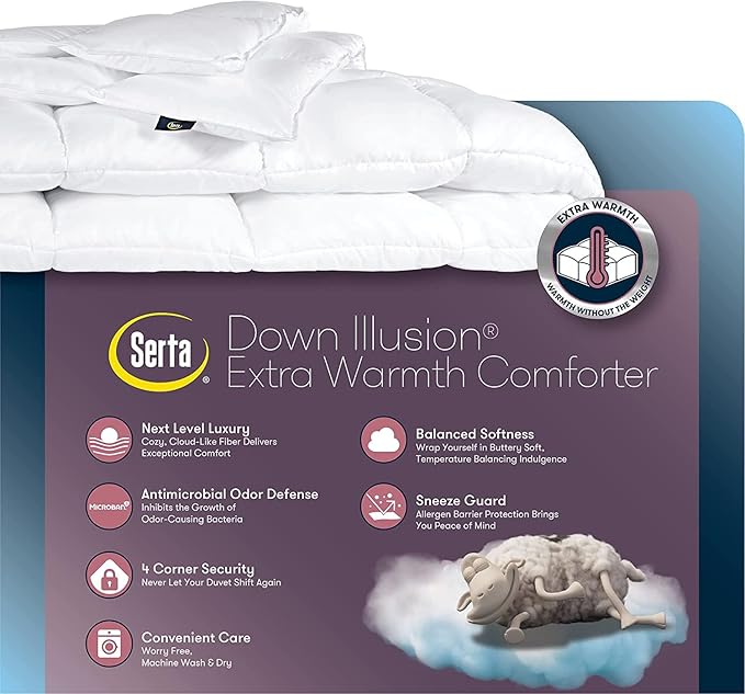 Serta Down Illusion Extra Warmth Hypoallergenic Down Alternative Comforter with Corner Loops, King/Cal King, White