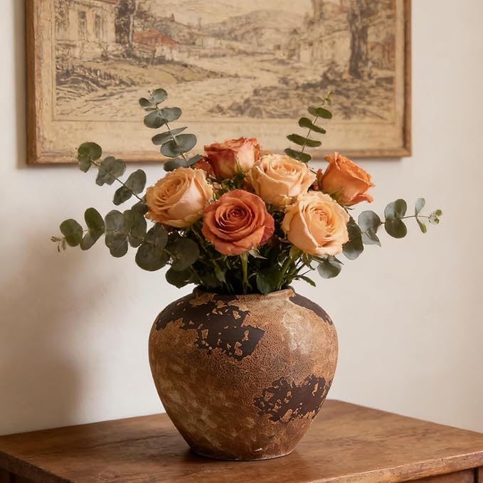 Rustic Ceramic Vase, 6.9 Inch Wabi Sabi Decorative Pottery Flower Vase, Vintage Neutral Vase for Centerpieces, Living Room, Shelf, Entryway, Wedding, Table Decoration