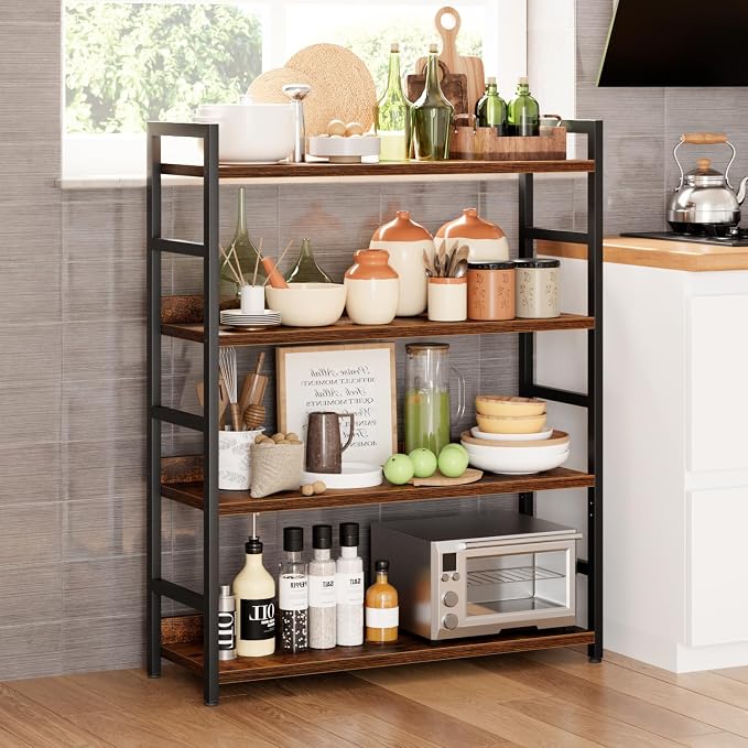 NUMENN 4 Tier Wide Bookshelf for Living Room and Home Office, Vintage | Bookshelves, Home Office Bookcase Shelf Storage Organizer, Free Standing Storage Shelving Unit for Bedroom