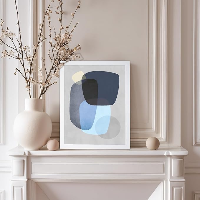 Monem Art Abstract Blue Shapes Print - Scandinavian Minimalist Art Poster - Wall Decor for Living Room, Bedroom or Office - 8x10 White Framed Wall Art by Mareike Bohmer