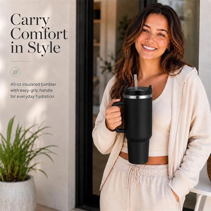 Pandance 4 Pack 40 oz Tumbler with Handle and Straw Bulk, Neutral Mix | Stainless Steel Vacuum Insulated Travel Mug, Sturdy Screw-on lid, Cup Holder Friendly, Large Capacity Cup For Iced Coffee