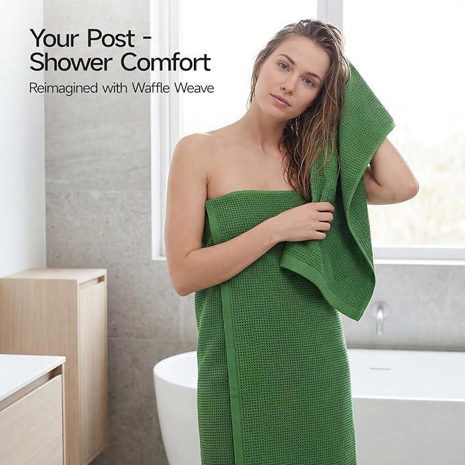 REDKISS 100% Cotton Waffle Weave Bath Towels 4 Piece - 27.5x55 Inches| Lightweight, Quick Dry & Highly Absorbent,Perfect for Spa, Gym, Travel, Guest Bathroom-Green