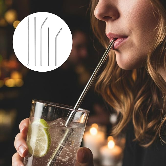 12 Pack Reusable Stainless Steel Straws with 2 Cleaning Brushes, 4 Sizes | Straight & Bent Short Metal Straws, Metal Drinking Straw for Coffee Mugs, Small Glasses or Cups