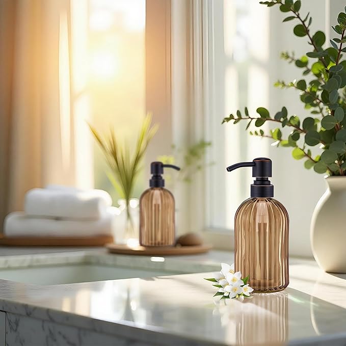 16 OZ Amber Glass Soap Dispenser, Amber Stripe Bathroom Hand Soap Dispensers with Stainless Steel Bronze Pump,Brown Glass Kitchen Hand Soap Dispenser with Oil Rubbed Bronze Pump,2 Packs