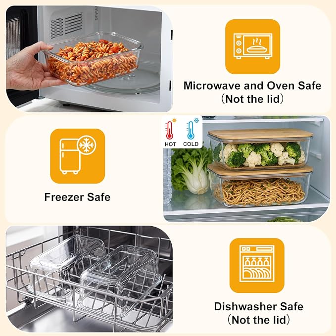 Blushtier 2 Pack 51 oz Borosilicate Glass Food Containers with Bamboo Lids, Stackable Glass Bowls for Meal Prep & Lunch, Microwave, Freezer and Dishwasher Safe