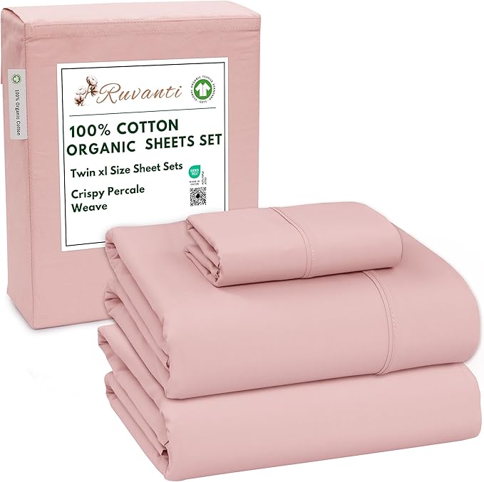 RUVANTI 100% Cotton Organic Percale Sheets Twin XL Size – Crisp Cooling Bed Sheets for Hot Sleepers, Deep Pocket 15”, Soft Peach Finish, Breathable & Durable Hotel-Style 3 Pcs, Peach Skin