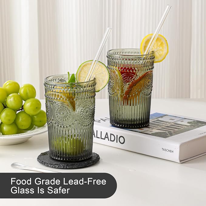 ZMOWIPDL Vintage Glassware Drinking Glasses Set of 6,13 oz Grey Textured Flower Design Glass Water Tumblers，Embossed Striped Drinkware for Water,Cocktails,Juice,Iced Coffee