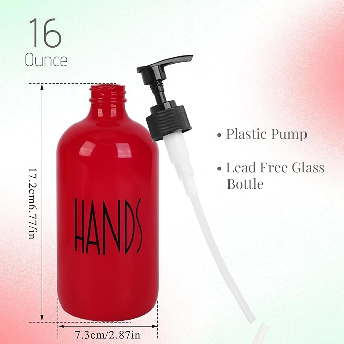 Dish Soap Dispenser for Kitchen - 16 OZ Glass Hand Soap Dispenser Set - Kitchen Bathroom Decor and Accessories (Red)