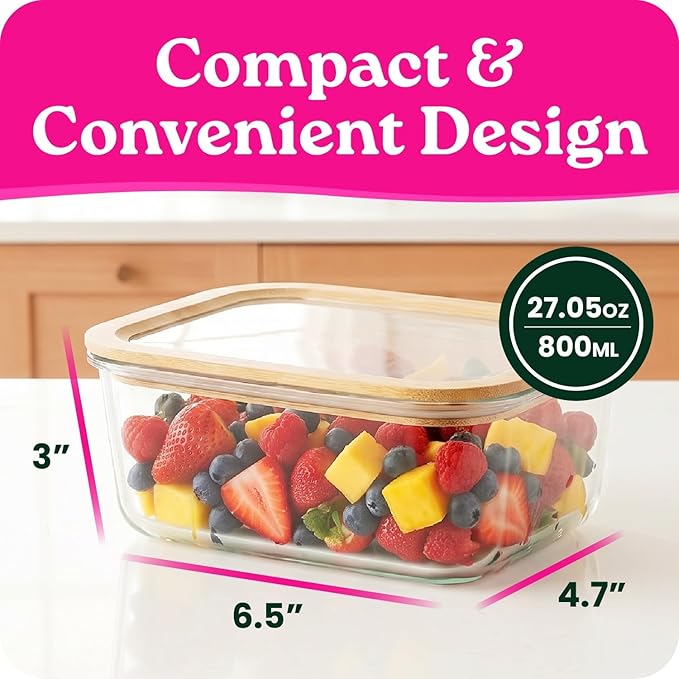 6-Pack Glass Food Storage Containers with Clear-Top Bamboo Lids – Plastic Free 27 Oz Glass Meal Prep Containers for Lunch, Eco Friendly Airtight Food Storage, Microwave & Freezer Safe