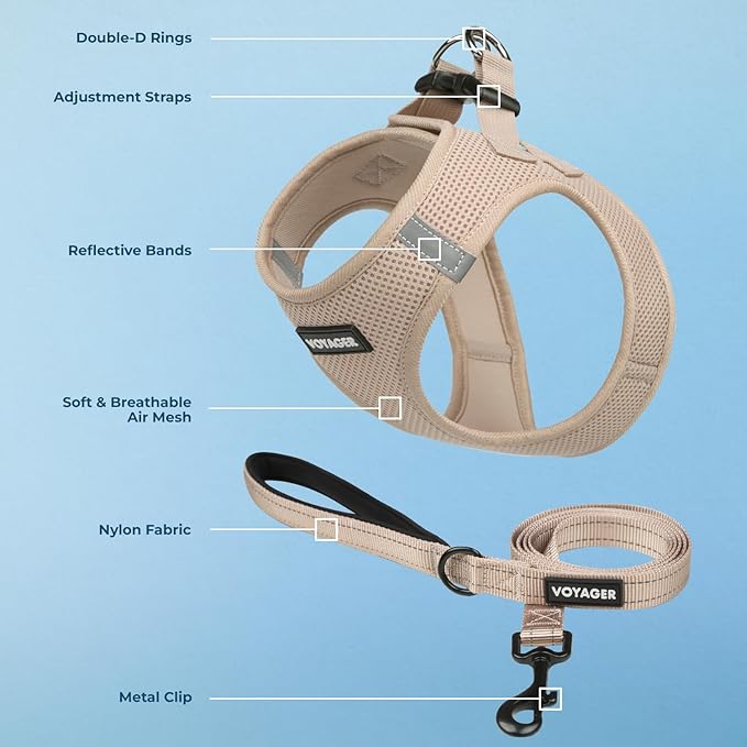 Best Pet Supplies Voyager Step-in Air All Weather Mesh Harness and Reflective Dog 5ft Leash Combo with Neoprene Handle, for Small, Medium and Large Breed Puppies - Khaki, XXXS
