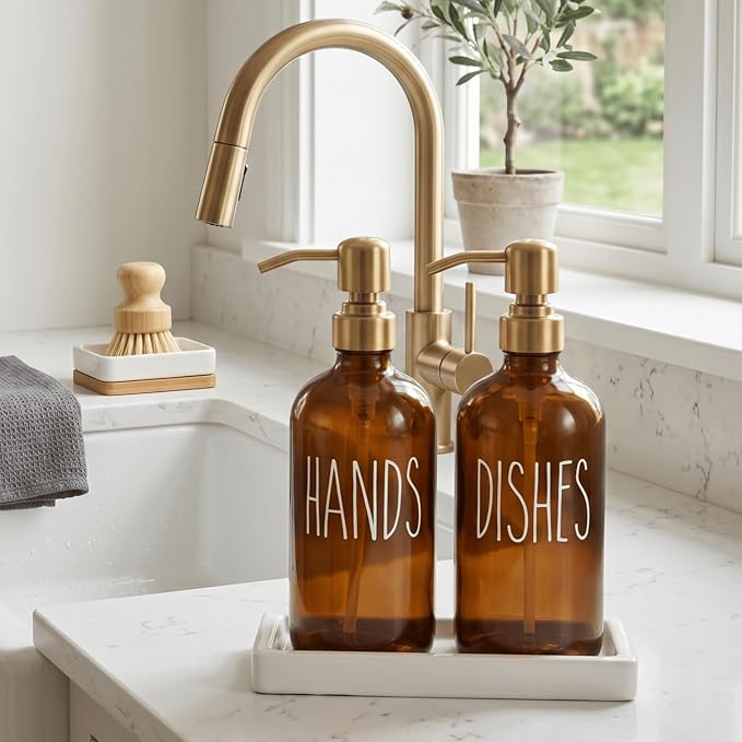MOMEEMO Amber Glass Soap Dispenser Set, Dish and Hand Soap Dispenser Set with Ceramic Tray, Suitable for Kitchen Counter Decor. (Amber & Gold)