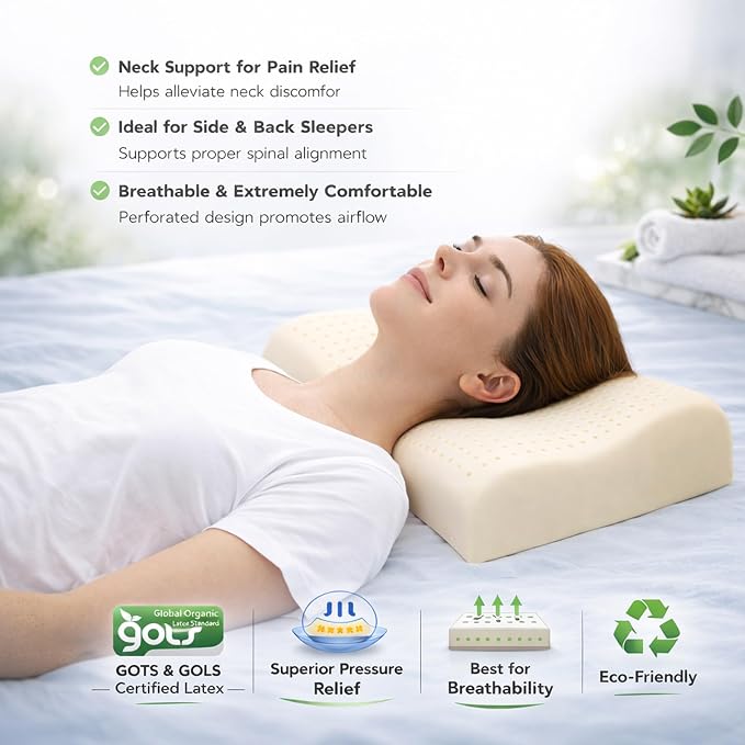 ORGANIC TEXTILES Organic Latex Contour Pillow with Organic Cotton Cover - GOTS & GOLS Certified, Ergonomic Contour Design, Bed Pillow, Spine Support - (High-Loft, Medium Firm) - Pack of 2