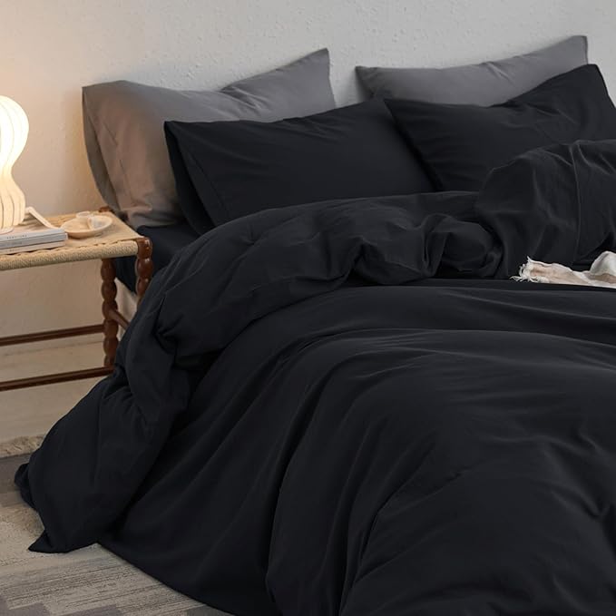 MooMee Queen Duvet Cover Set, 100% Washed Cotton Linen Like Twill Thick Sturdy Material Super Soft Breathable Durable Bedding for All Season, 3 Pieces (Black, Queen 90"x90")