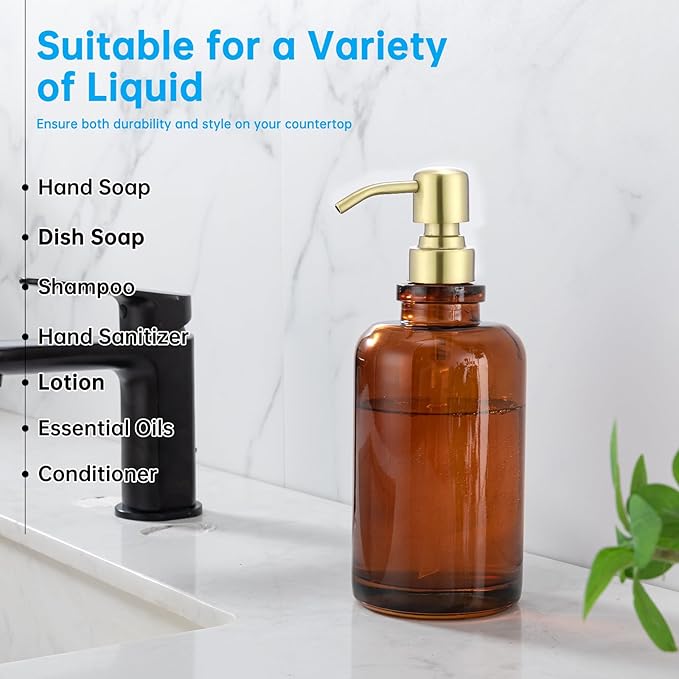 Amber Soap Dispenser Glass Bottle with Brushed Gold Pump, 17 OZ Liquid Soap Dispenser Cylindrical with Stainless Steel Pump for Dish Hand Soap Bathroom Kitchen Vanity Countertop