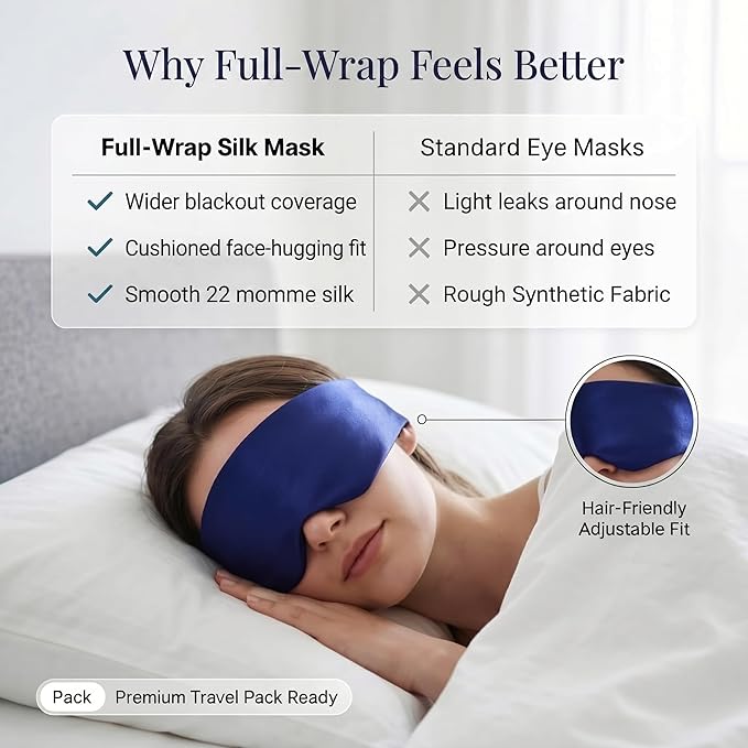 Silk Sleep Mask for Side Sleepers, Blackout Eye Mask for Sleeping Women Men, 100% 22 Momme Mulberry Silk, Full Coverage Face-Hugging Sleep Mask for Travel, Naps & Shift Workers, Blue