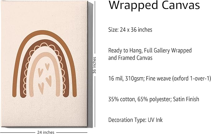 Y2K BOO Boho Nursery Rainbow Wrapped Canvas Wall Art with Hearts Earth Tones Terracotta Brown 24x36 Inch Gallery Stretched Modern Home Decor