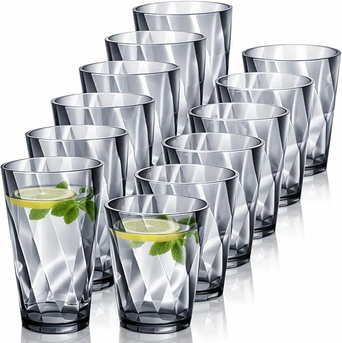 LemonRoad 12 Pack Reusable Plastic Drinking Glasses Set - 20oz & 13.5oz Stackable Tumbler, Shatter-resistant Highball Cups for Water, Cocktail, Iced Coffee, Indoor Outdoor Use, BBQ, Patio, Pool (Grey)