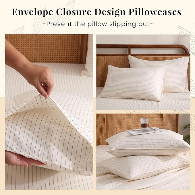 S VICTORY SYMBOL 100% Organic Linen Duvet Cover Set Rust Pinstripe,Yarn Dyed French Natural Flax Bedding Set,3pcs Farmhouse Comforter Cover Set Full Size