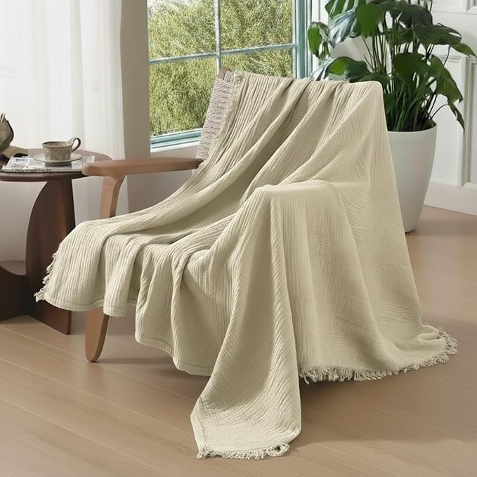 KyraHome 100% Organic Cotton Muslin Blankets for Adults, 60“x80 Pre-Washed Plant Dyed Breathable Gauze Lightweight Summer Throw Blanket for Couch, All Season, Oatmeal Khaki