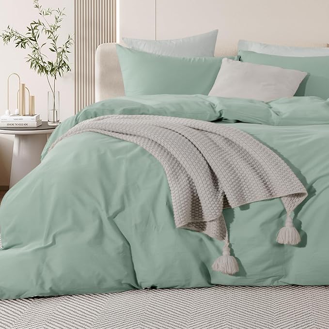 NEXHOME PRO Green Duvet Cover Set Oversized Queen 98"x98" Linen Feel Textured Organic Natural 100% Washed Cotton Duvet Cover 3 Pieces Bedding Set Zipper Closure, Breathable, Soft (No Comforter)