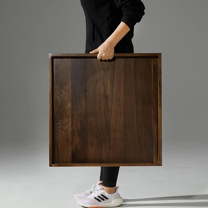 24 x 24 inches Black Walnut Extra Large Ottoman Tray Wood Trays with Handles Square Wooden Solid Serving Tray for Oversized Ottoman Living Room