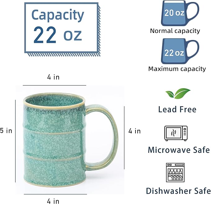 Coffee Mug, 22 oz Beer Mugs Large Ceramic Coffee Mug Tea Cups, Handmade Mug with Big Handle for Office and Home, Dishwasher and Microwave Safe (Crystal Green)