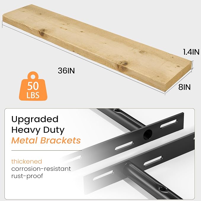 Fun Memories 36 Inch Reclaimed Wood Floating Shelves for Wall, 8 Inch Deep Heavy Duty Rustic Wooden Shelf with Invisible Brackets for Fireplace, Kitchen & Coffee Bar, Natural