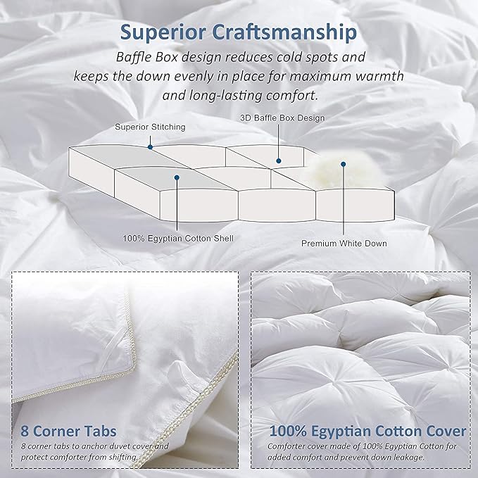 Luxurious Full/Queen Goose Down Comforter, Unique White Pinch Pleat, 600 Thread Count, 100% Egyptian Cotton Cover, 70 Oz Fill Weight, 750 Fill Power