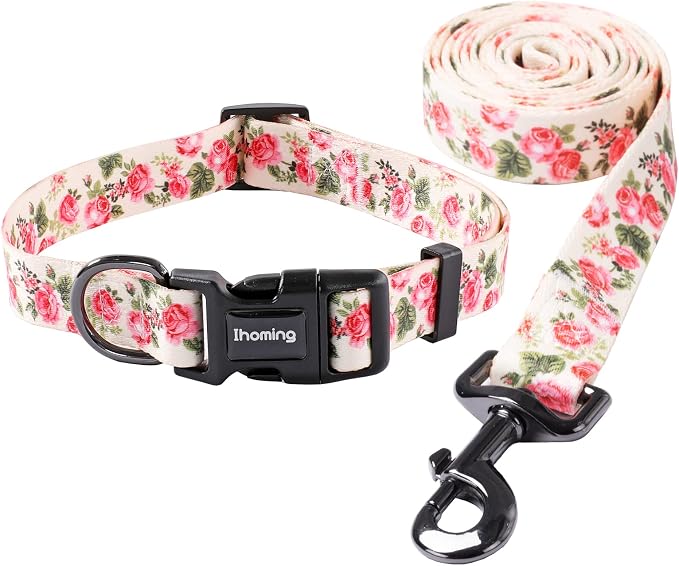 Ihoming Dog Collar and Leash Set for Daily Outdoor Walking Running Training, Pink Flowers Design for Small Boys Girls Dogs Cats Pets, S-Up to 20LBS