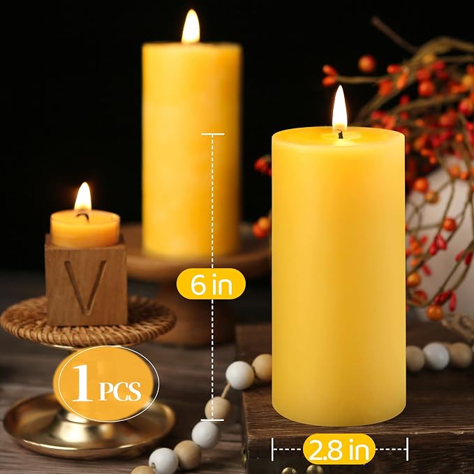 Natural Beeswax Pillar Candles,100% Pure Beeswax Candles-95 Hours Long Burning,Unscented Bees Wax Candles for Home,Prayer,Emergency,Dripless Smokeless Organic Pillar Candles Bluk-2.8x6in-1pack