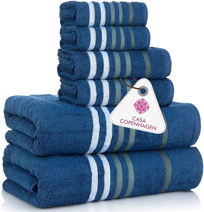 CASA COPENHAGEN Exotic 6Pcs 100% Egyptian Cotton Towels Gift Set- Navy Blue, 550GSM, 2Bath 2Hand 2Washcloths, Towels for Bathroom (Box Pack, Set for Women & Men)