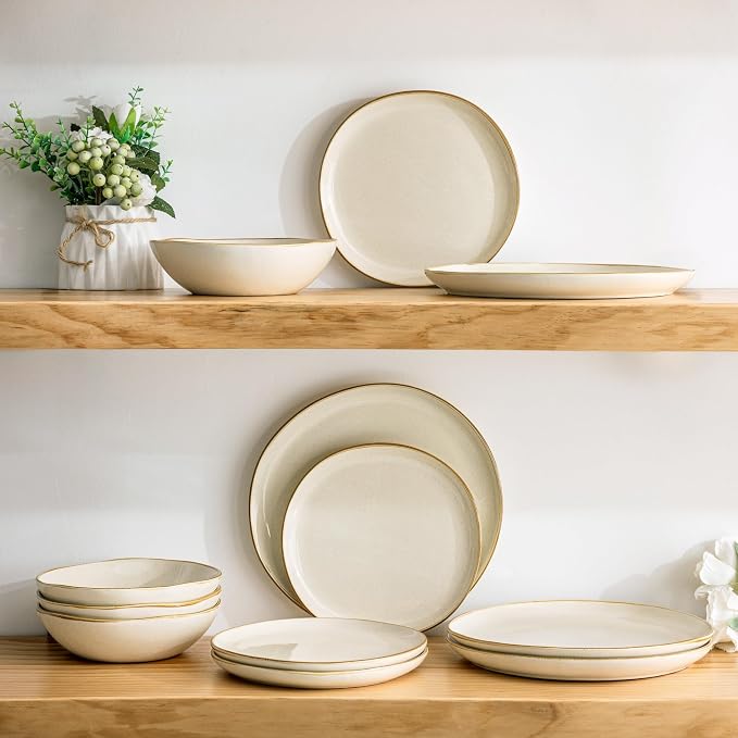 AmorArc Ceramic Dinnerware Sets,Handmade Reactive Glaze Stoneware Plates and Bowls Sets,Highly Scratch Resistant | Dishwasher & Microwave Safe Dishes Set,Service for 4 (12pc)