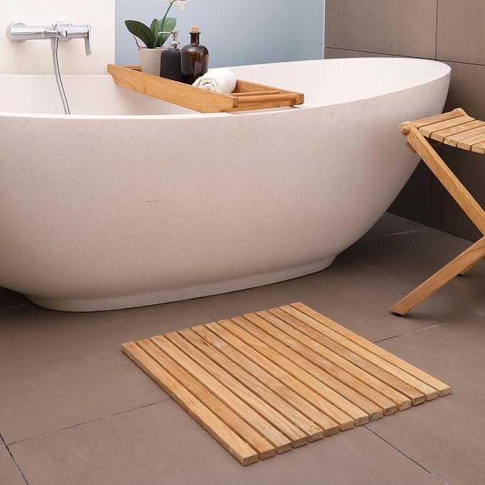 Nordic Teak 100% Solid Teak Wood String Mat - Indoor and Outdoor Use - Non-Slip Wooden Platform for Sauna, Pool, Hot Tub Flooring Decor and Protector (Natural Finish, 19.6" x 19.6")
