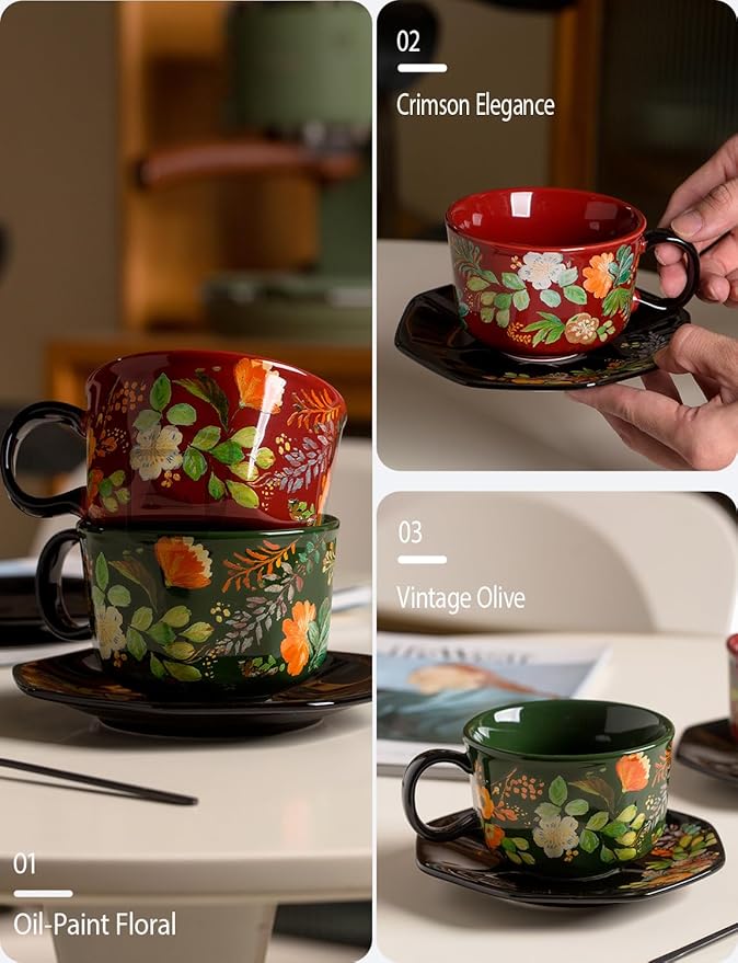 Green Floral Coffee Cup and Saucer Set, 9.5 oz (280ml) Ceramic Tea Cup with Saucer, Glossy Finish Botanical Mug for Espresso, Cappuccino, Latte, Home Kitchen, Office Gift