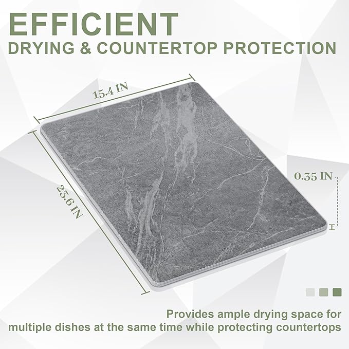 Large Stone Drying Mat for Kitchen Counter, 24" × 16" Diatomite Dish Drying Mat, Quick Dry Stone Mats, Ultra Absorbent Natural Diatomaceous Earth Mats for Dished, Bottles, Black Marble