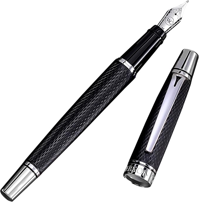 'Show Up' Black Luxury Executive Fountain Pen, Woven Polished Lacquer, Chrome Accents, Stainless Steel Nib, Easy Refill Ink Piston Converter, Smudge Free No Bleed, Fits Instant Insert Ink Cartridges