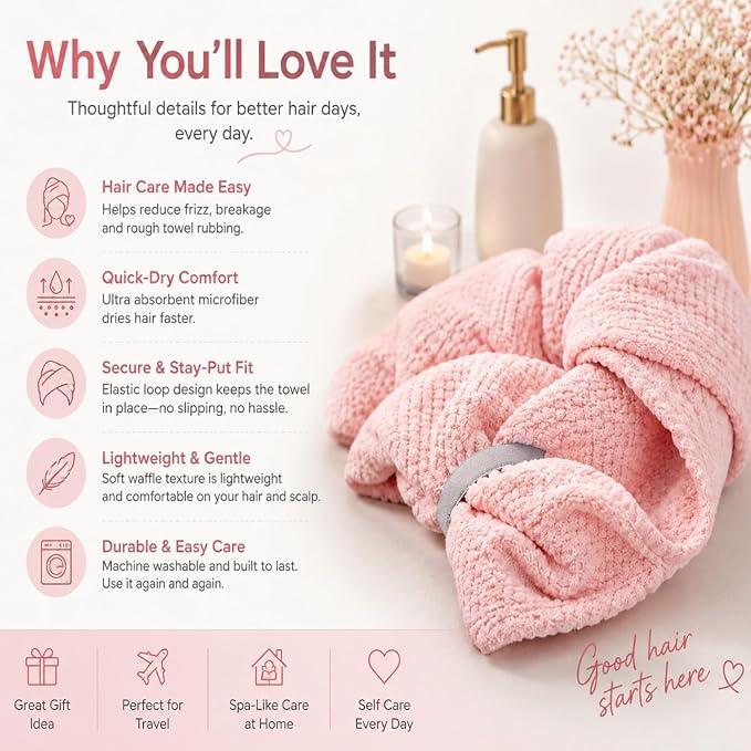 Large Hair Towel Wrap for Women, Quick-Dry Turban, Ultra Absorbent & Anti-Frizz, Ideal for Long, Thick & Curly Hair, Soft Lightweight Microfiber Drying Towel (24x42, Pink)