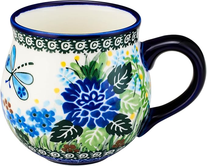 13oz Ceramic Coffee Mug, Hand-Painted Floral Polish Pottery Style Cup, Large Stoneware Tea Mug with Handle, Microwave & Dishwasher Safe (Butterfly and flower A)