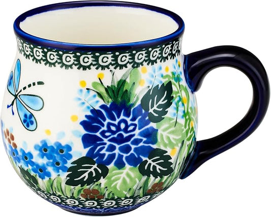 13oz Ceramic Coffee Mug, Hand-Painted Floral Polish Pottery Style Cup, Large Stoneware Tea Mug with Handle, Microwave & Dishwasher Safe (Butterfly and flower A)