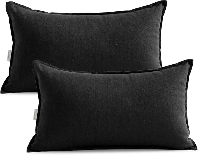Jeanerlor Natural Cotton Linen Green Decorative 12"x20" Throw Pillow Case Cushion Cover with Twin Needles Stitch on Edge for Lumbar, (30 x 50cm), 2 Pcs, Black