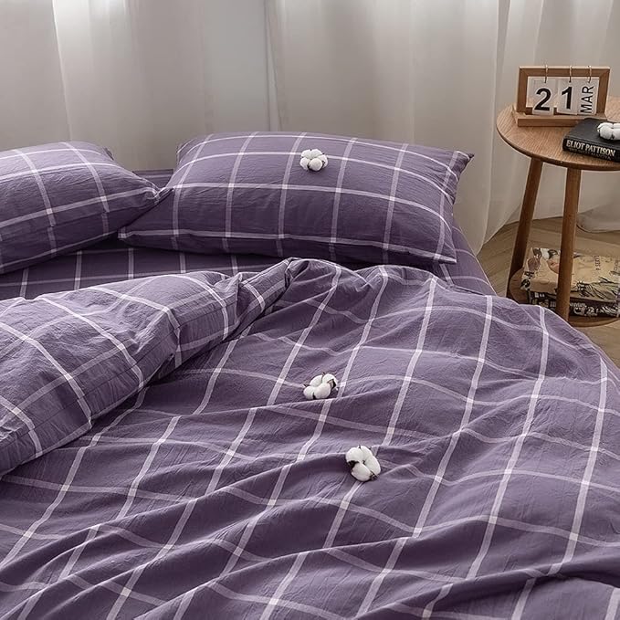 FACE TWO FACE Bedding Duvet Cover Set100% Washed Cotton Duvet Cover Linen Like Textured Breathable Durable Soft Comfy(Full, Purple Grid)
