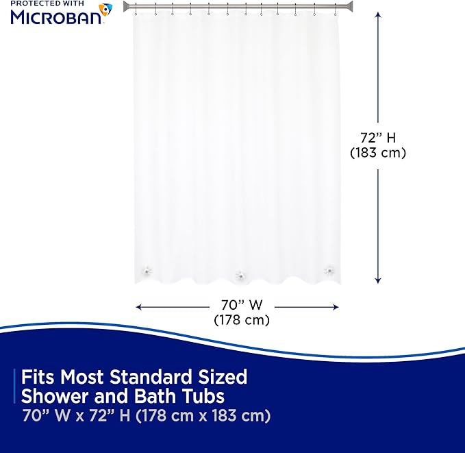 Kenney – Microban PEVA Shower Curtain Liner, Waterproof Medium-Weight Design with Rust-Resistant Metal Grommets & Weighted Magnetic Hem, 70" x 72", Clear