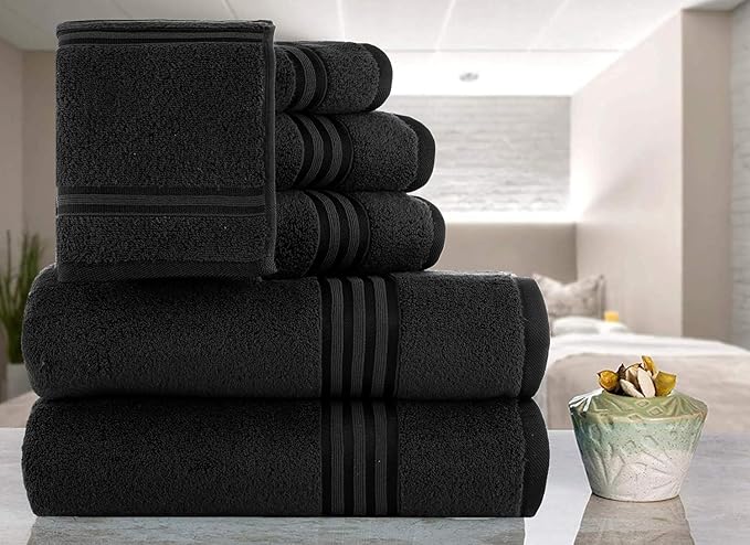CASA COPENHAGEN Zero Twist 6Pcs 100% Egyptian Cotton Large Designer Towels Gift Set- Pitch Black, 600 GSM, 2Bath 2Hand 2Washcloths, Bath Towels for Bathroom Set for Women & Men