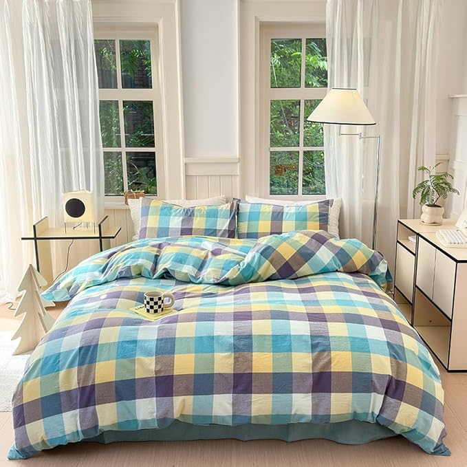 FACE TWO FACE Bedding Duvet Cover Set100% Washed Cotton Duvet Cover Linen Like Textured Breathable Durable Soft Comfy (King, Yunxi Blue)