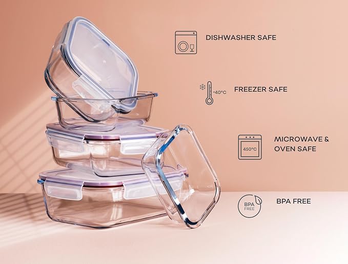 Large Glass Food Storage Containers with Lids | 3 Pack Set 52oz/6.4 cup | Glass Storage Containers with Lids |Non-Toxic & Airtight| Glass Food Containers |Oven, Freezer & Dishwasher Safe