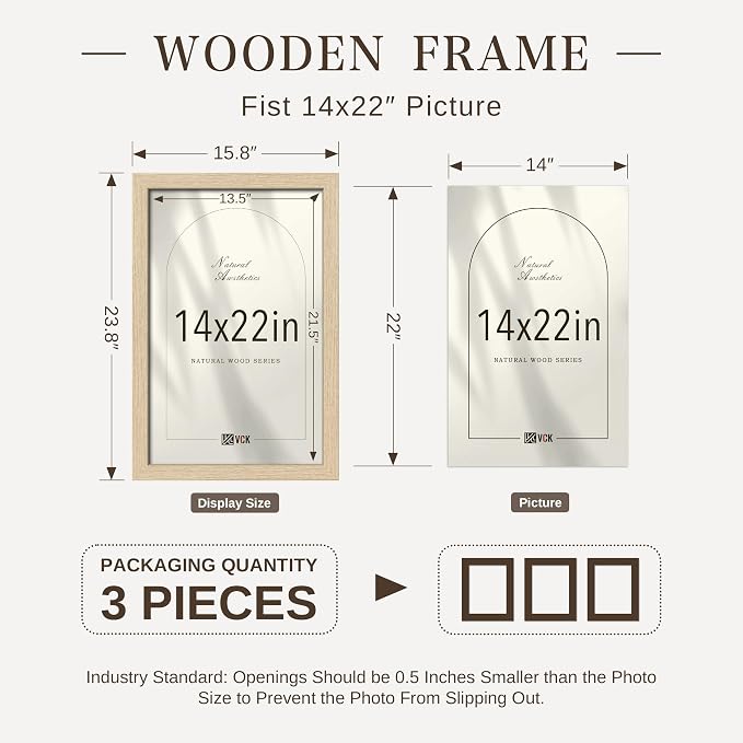VCK 14x22 Picture Frame 3 Pack - Natural Oak Solid Wood Poster Frames, Textured Exclusive Wood Wall Gallery Frame