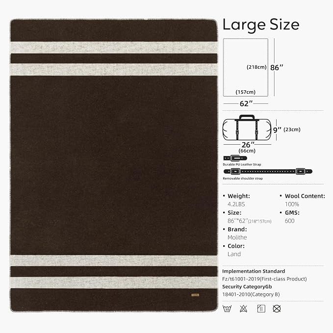 Molithe 100% Wool Blanket, 62" x 86", Warm, Thick, Washable, Military | Great for Camping, Outdoors, Sporting Events, Survival Kits Brown and Ivory