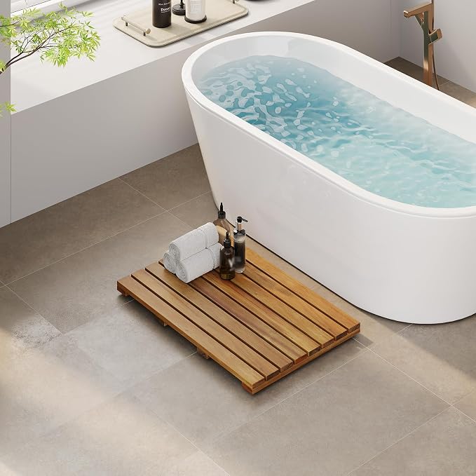 Solid Acacia Wood Shower Mat, Non Slip Bathroom Mat (26“×17", Large) Sturdy Floor Mat for Spa Home or Outdoor Shower, Easy to Clean, Quick Drying