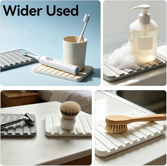 Self Draining Diatomite Stone Soap Dish, Waterfall Drainer Water Absorbing Soap Holder for Bathroom Kitchen Sink, Quick Dry Sponge Holder, Keep Soap Bars Dry Clean & Easy Cleaning (Light Gray)