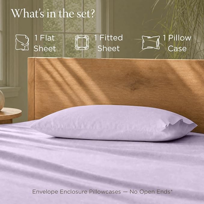 Threadmill 100% Organic Cotton Twin Sheet Set - GOTS Certified, 3 Piece, Lilac - Soft and Breathable Sheets with All-Round Elastic Deep Pocket for Snug Fit, Healthy Bedding Set